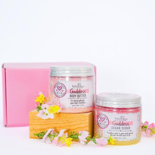 Bella & Bear  Set - 3-In-1 Body Scrub & Goddess Body Butter In Glossy Pink Box - Vegan, Cruelty-, Mango-Pineapple-Coconut Scent