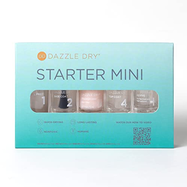 Dazzle Dry Complete Starter Mini Kit  Step 1 - Nail Prep, Step 2 - Base Coat, Step 4 - Top Coat, Transform - Ridge Filler & Revive - Polish & Top Coat Thinner.