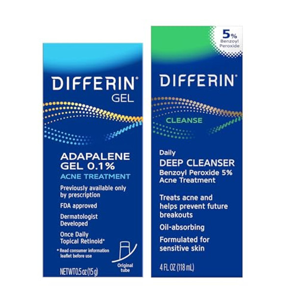 Differin Acne Skin Care Kit, Differin Gel Retinoid Acne Treatment For Face With 0.1% Adapalene & 5% Benzoyl Peroxide Face Wash & Body Wash, Designed For Pimple And Acne Prone Skin