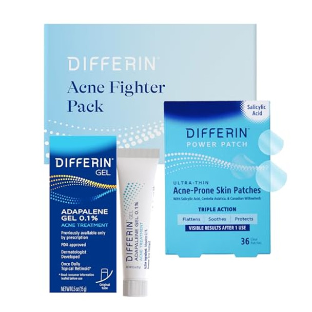 Differin Acne Fighter Pack, Gel Retinoid Acne Treatment For Face With 0.1% Adapalene, 15G Tube + Salicylic Acid Pimple Patches, 36 Count, Designed For Pimple And Acne-Prone Skin