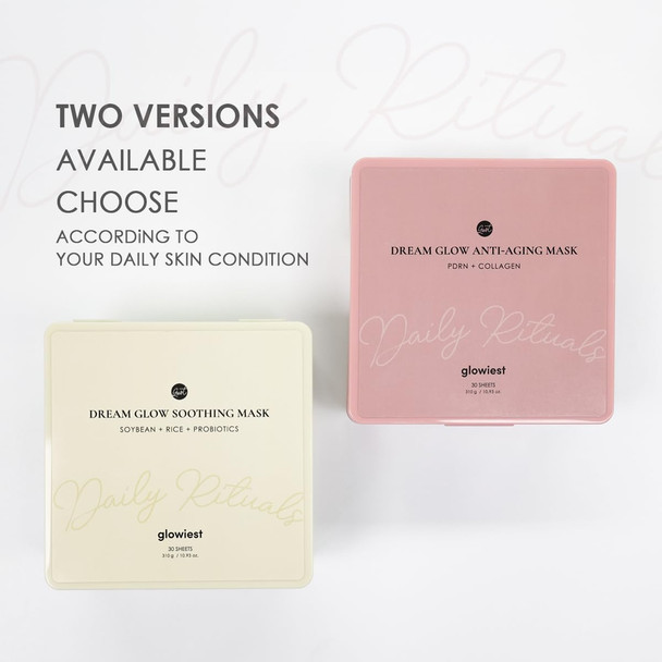 Glowiest Dream Glow Beauty Mask (30Ea) (Soybean + Rice + Probiotics Daily Sheet Mask) – Korean Face Mask For Brightening, Soothing & Skin Barrier Care, K-Beauty Hydrating Facial Mask