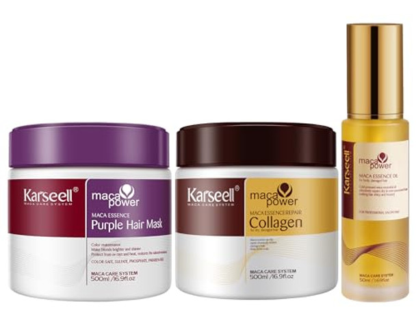 Karseell Collagen Hair Treatment Deep Repair Conditioning, Blonde Hair Purple Toner Argan Oil Set 16.9Floz +16.9Floz+1.69Floz