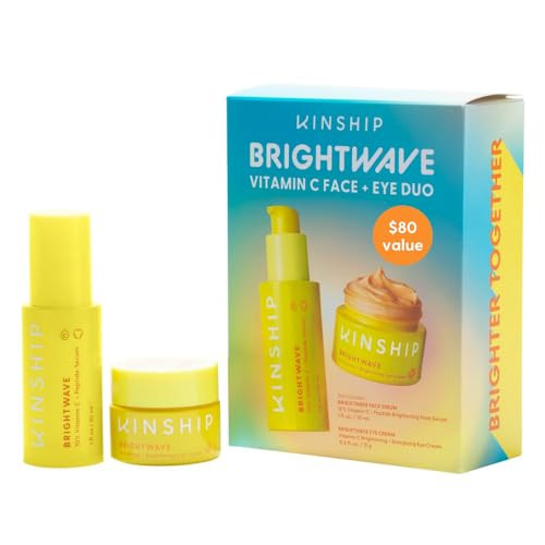 Kinship Brightwave Vitamin C Face + Eye Duo - 10% Vitamin C Serum (1 Fl Oz) + Brightening Eye Cream (0.5 Oz)  Fade Dark Spots - Reduce Fine Lines, Wrinkles, Dark Circles + Puffiness - All Skin Types