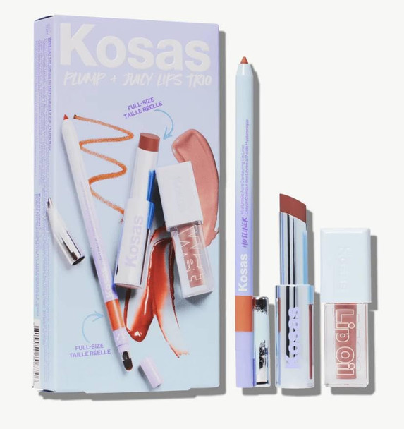 Kosas Plump & Juicy Lips Trio - Mini Wet Lip Oil In Unhooked, Full Size Wet Stick In Tropic Bliss, And Full Size Hotliner In Infinite + Korean Sheet Masque With Collagen