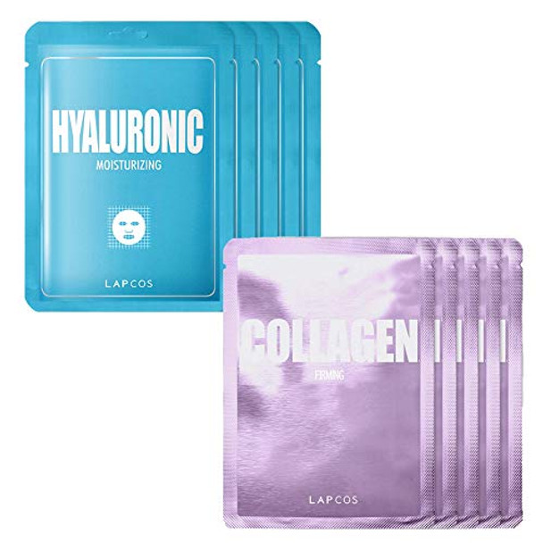 Lapcos Hyaluronic Acid And Collagen Sheet Mask Set, (10-Pack) Daily Sheet Masks With Hyaluronic Acid And Collagen, Anti-Aging Duo To Treat And Re Skin, Korean Beauty Favorites