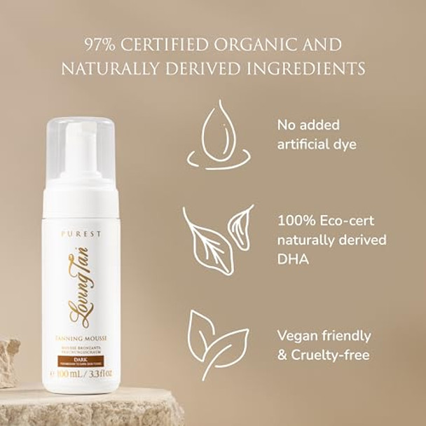Loving Tan Purest Tanning Mousse, Dark + Purest Applicator Mitt - Sunless Tanner Made From 97%  Organic & Naturally Derived Ingredients - Cruelty , Vegan - 3.3 Fl Oz