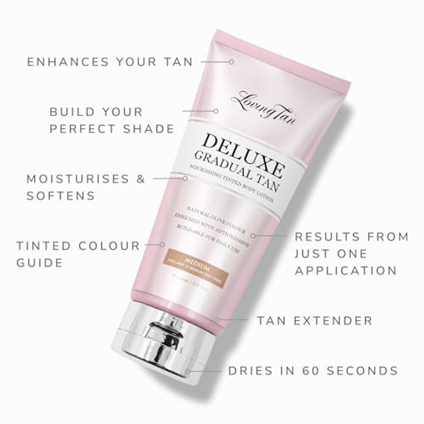 Loving Tan Deluxe Gradual Tan Lotion, Medium - Natural-Looking Self Tanner + Flawless Blending Brush - Streak- Application, Ultra-Soft Vegan Bristles