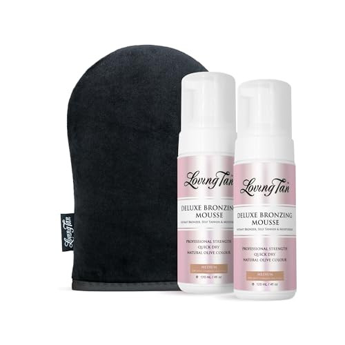 Loving Tan Deluxe Bronzing Mousse, Medium (2 Pack) + Deluxe Applicator Mitt - Streak , Natural Looking, Professional Strength Sunless Tanner - Cruelty , Naturally Derived Dha - 4 Fl Oz