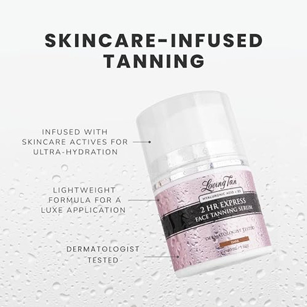Loving Tan  2Hr Express Face Tanning Serum, Dark - Streak , Natural, Professional Quality Sunless Tanning + Flawless Face Tan Brush - Self Tanning & Contouring, Use With Mousse Or Cream