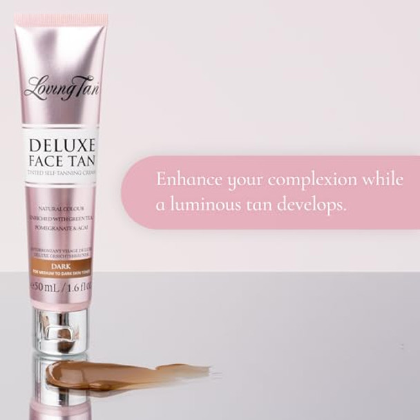 Loving Tan Deluxe Face Self Tanner, Dark - Streak , Natural, Professional Quality Sunless Tanning + Flawless Face Tan Brush - Self Tanning & Contouring, Premium Bristles, Use With Mousse Or Cream