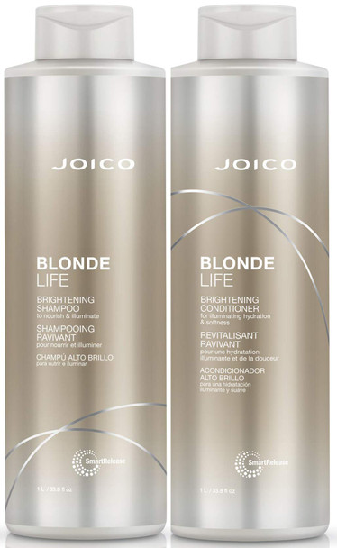 Joico Blonde Life Illuminating Shampoo & Nourishing Conditioner 1000ml Duo Set + FREE PUMPS for Blonde/Grey/Platinum Hair Anti-Brass