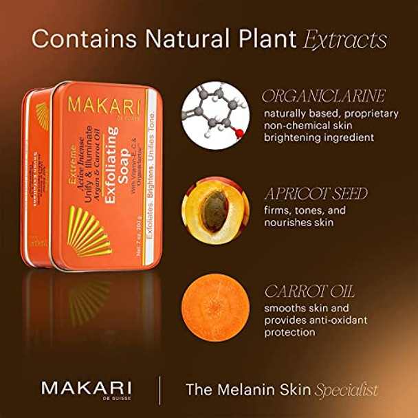 Makari Extreme Active Intense Argan & Carrot Oil Exfoliating Soap (7Oz)  Advanced Brightening Bar Soap  With Apricot Seed Extract And Vitamins C & E  Helps Reveal Natural Skin Radiance