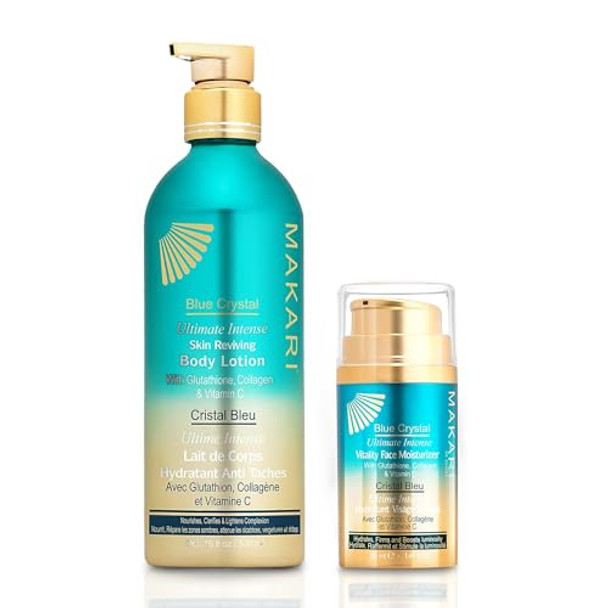 Makari Ultimate Intense Blue Crystal Skin Care Duo: Body Lotion (16.8 Oz) & Face Moisturizer (50 Ml)  Glutathione & Collagen-Enriched For Hydrating, Revitalizing  Ideal For All Skin Types