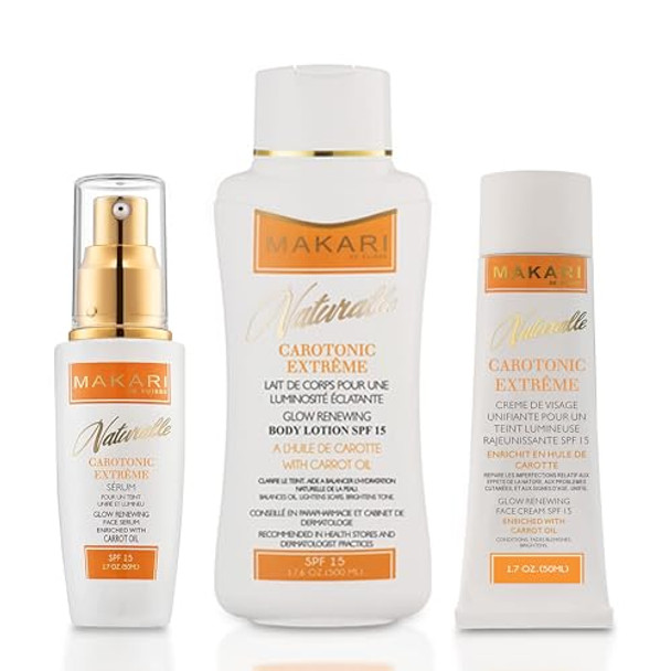 Makari Naturalle Carotonic Extreme Glow Skincare Bundle  Reing Face Cream, Brightening Serum & Body Lotion  Brightens, Moisturizes, Fights Aging & Diminishes Scars  For Oily & Acne-Prone Skin