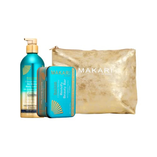 Makari Blue Crystal 2 Piece  Set &  Makeup Bag - Brightening Bar Soap & Body Lotion Formulated With Glutathione For All Skin Types, Botanical Self Care Kit For Women