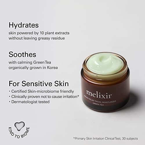 Melixir Vegan Relief Facial Moisturizer, Hydrating And Soothing Daily Cream, For Dry & Sensitive Skin, Lightweight, With Korean Green Tea And Centella Asiatica, For Men And Women (2.7 Fl. Oz./80Ml)