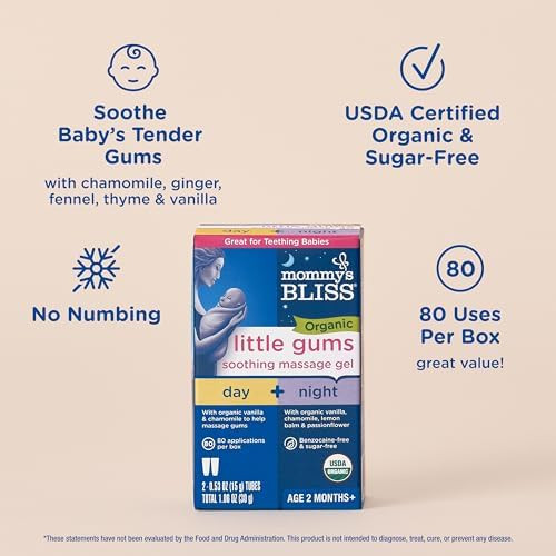 Mommy'S Bliss Organic Little Gums Soothing Massage Gel Day And Night Combo, Great For Teething Babies, Age 2 Months+, Sugar , Mild & Sweet Flavor, 2 - 0.53 Oz Tubes (Pack Of 1)