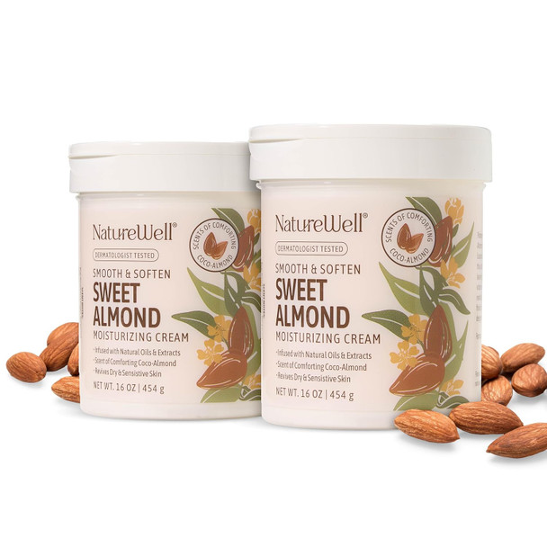 Nature Well Sweet Almond Smooth & Soften Gentle Moisturizing Cream For Face, Body, & Hands, Infused With Natural Oils & Extracts, Restores Skin Moisture Barrier, Pack Of 2 (16 Oz Each)
