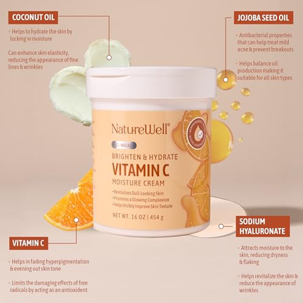 Nature Well Clinical Brighten & Hydrate Vitamin C Moisture Cream Skincare For Face & Body Revitalizes Dull-Looking Skin, Promotes A Glowing Complexion,10 Oz (Packaging May Vary)