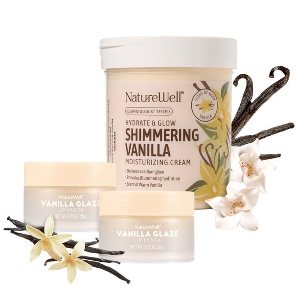 Nature Well Very Vanilla Bundle, Includes 16Oz Shimmering Moisturizing Cream + 2 Pk Glaze Lip Mask