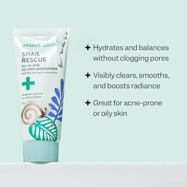 Peach Slices  Snail Rescue All-In-One Oil  Face Moisturizer  95% Snail Mucin  Lightweight, Long-Lasting Hydration  Silicone-  Face Cream  Skin Care  Clean & Cruelty-  2.82 Oz