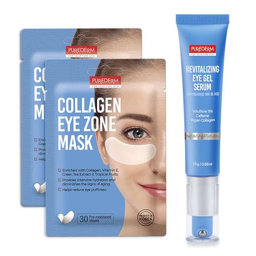 Purederm Deluxe Collagen Eye Mask Collagen Pads For Women 2 Pack Of 30 Sheets Revitalizing Eye Gel Serum – Cooling Eye Roller With 5% Volufiline, Caffeine & Vegan Collagen
