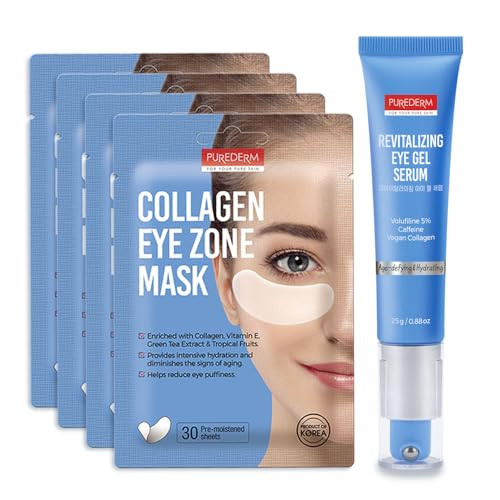 Purederm Deluxe Collagen Eye Mask Collagen Pads For Women 4 Pack Of 30 Sheets Revitalizing Eye Gel Serum – Cooling Eye Roller With 5% Volufiline, Caffeine & Vegan Collagen