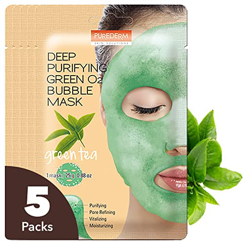 Purederm Green Tea Facial Mask Skin Care (5 Pack) Deep Purifying Yellow O2 Bubble Mask Turmeric (5 Pack)