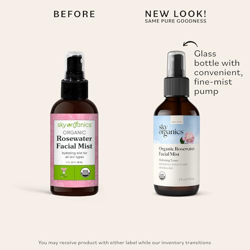 Sky Organics Organic Rosewater Facial Mist For Face, 100% Pure & Steam-Distilled Usda  To Hydrate, Balance & Refresh, 4 Fl. Oz