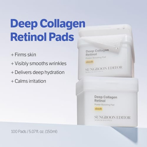 Sungboon Editor Deep Collagen Retinol Power Boosting Pads  Deep Hydration, Skin Elasticity For Dry Skin, Wrinkles, Korean Moisturzier, Korean Skincare, Toner Pads - 100 Count