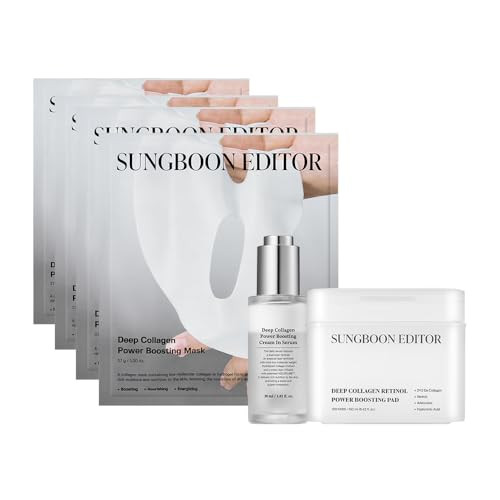 Sungboon Editor Wrinkle  Essentials: Deep Collagen Mask(4Ea) & Boosting Pad & Cream In Serum, Hydrating For Sensitive Skin, Wrinkle Care, Low Molecular Weight Collagen For Elasticity And Soothing