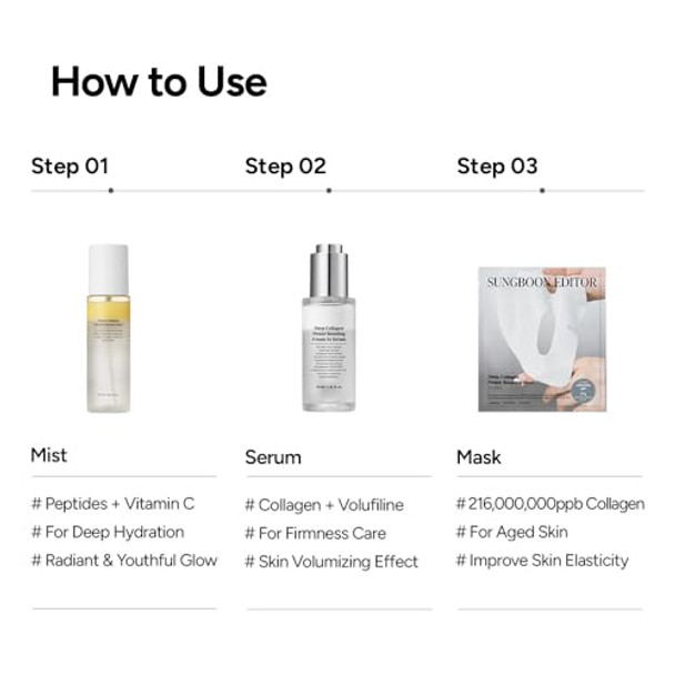 Sungboon Editor Collagen Boosting Trio: Deep Collagen Mask (4Ea) & Serum Mist & Cream In Serum, Best Korean Glass Skin Care Set, Skincare  Sets For Mom