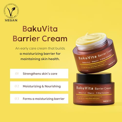 Thankyou Farmer Bakuvita Barrier Cream - Bakuchiol Cream, Day & Night Korean Moisturizer, Bakuchiol Retinol Alternative, Vitamin C + E Korean Serum, Pore Care, Firming, Vegan 1.75 Fl Oz (50Ml)