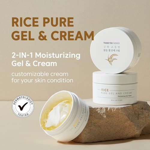 Thankyou Farmer Rice Pure Gel And Cream, Nourishing Exclusive Korean Rice Extract, Dermatologist Tested, Ceramide, Korean Moisturizer For Dry Skin, Fragrance-, 2.81 Fl.Oz (80Ml)