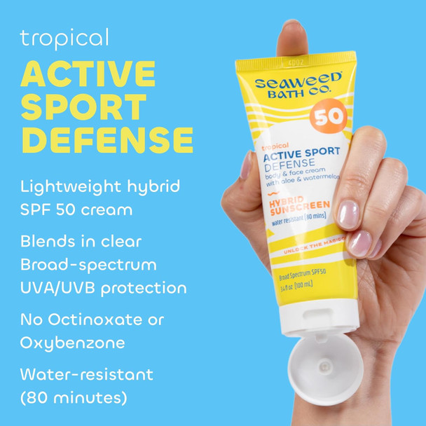 Seaweed Bath Co. Active Defense Spf 50 Sport Broad Spectrum Hybrid Sunscreen Cream, 3.4 Ounce, Sustainably Harvested Seaweed, Aloe, Watermelon