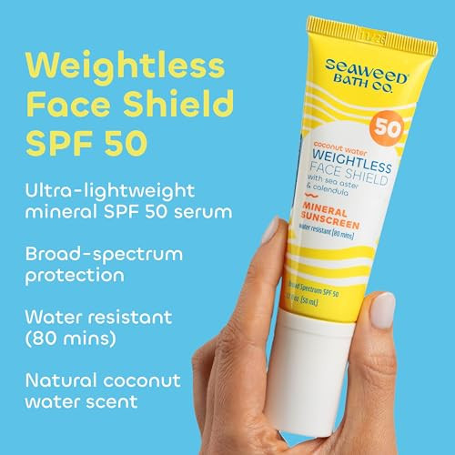 Seaweed Bath Co. Weightless Face Shield Mineral Spf 50 Zinc Oxide Suncreen Facial Serum, 1.7 Oz., Lightweight, Water Resistant Facial Moisturizer