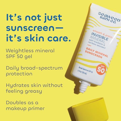 Seaweed Bath Co. Smooth & Protect Invisible Mineral Spf 50 Zinc Oxide Face Sunscreen Gel, 1.7 Oz., Unscented Lightweight Facial Moisturizer Primer