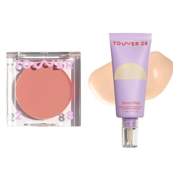 Tower 28 Beauty Sunnydays Spf 30 Tinted Mineral Sunscreen Shade 15 1 Fl Oz & Tower 28 Beachplease Cream Blush Magic Hour