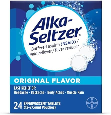 Alka-Seltzer Effervescent Tablets Original Flavor, Fast Multi-Symptom Relief From Headache And Body Ache, Dissolvable Effervescent Fizzy Tablets, 24 Ct