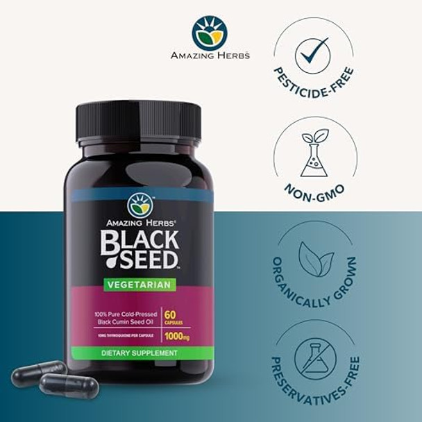 Amazing Herbs Black Seed Oil Capsules - Black Seed Oil Pills, Black Cumin Seed Oil Capsules, Cold Pressed Nigella Sativa Supplement, Blackseed Oil, Non Gmo, 100% Pure - 60 Vegetarian Capsules, 1000 Mg