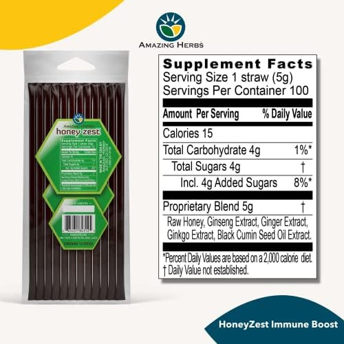 Amazing Herbs Raw Natural Honey - Herbal Honey Infused With Ecea, Elderberry, Garlic, Eucalyptus Extracts & Pure Black Seed Oil, Non Gmo, Gluten  - Honeyzest Immune Boost Straws, 12 Count