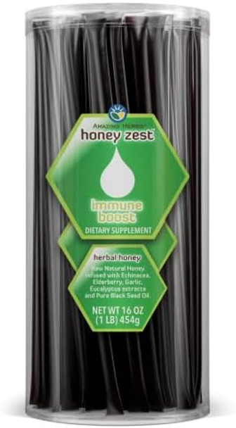 Amazing Herbs Raw Natural Honey - Herbal Honey Infused With Ecea, Elderberry, Garlic, Eucalyptus Extracts & Pure Black Seed Oil, Non Gmo, Gluten  - Honeyzest Immune Boost Straws, 100 Count