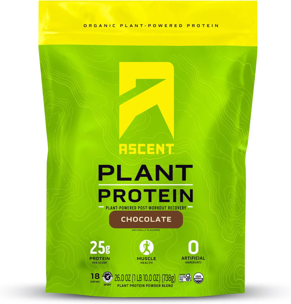 Ascent Plant Based Protein Powder - Non Dairy Vegan Protein, Zero Artificial Ingredients, Soy & Gluten , No Added Sugar, 4G Bcaa, 2G Leucine - Chocolate, 18 Servings