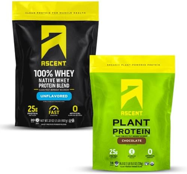 Ascent Whey + Plant Protein Powder - Unflavored 2 Lb & Chocolate 18 Servings
