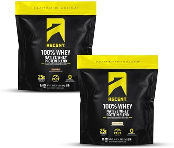 Ascent 100% Whey, Native Whey Protein Blend - Clean Post Workout Recovery, Digesting, Zero Artificial Flavors & Sweeteners, Gluten , 5.5G Bcaa, 2.6G Leucine, Vanilla 4Lb + Chocolate 4Lb