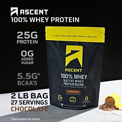 Ascent 100% Whey Protein Powder, Chocolate 2 Lb & Creatine Monohydrate Powder, Unflavored 45 Servings