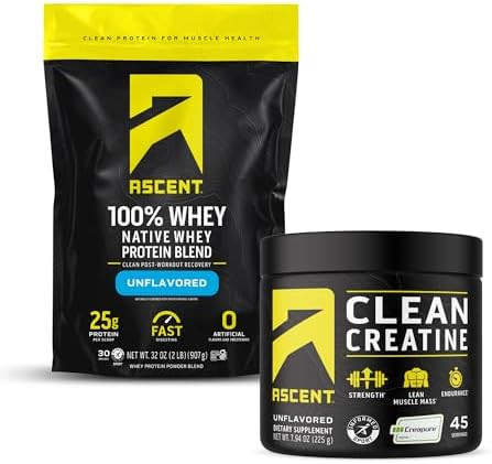 Ascent 100% Whey Protein Powder, Unflavored 2 Lb & Creatine Monohydrate Powder, Unflavored 45 Servings