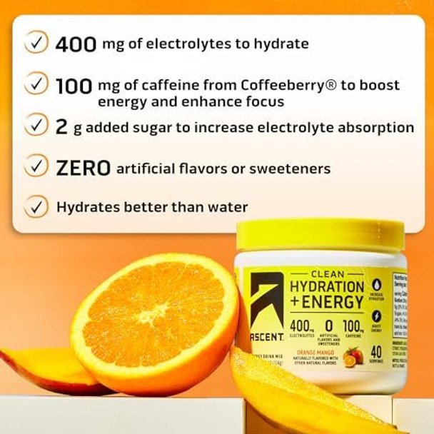 Ascent 100% Whey Protein Powder, Chocolate Peanut Butter 4 Lb & Hydration + Energy Electrolytes, Orange Mango 40 Servings