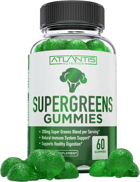 Atlantis Nutrition Supergreens Gummies - Daily Green Superfoods Supplement With Spinach, Broccoli, Moringa, Beet Root, Celery, Green Tea, & Acai For Immunity Support - Natural Raspberry Flavor, 60 Cnt