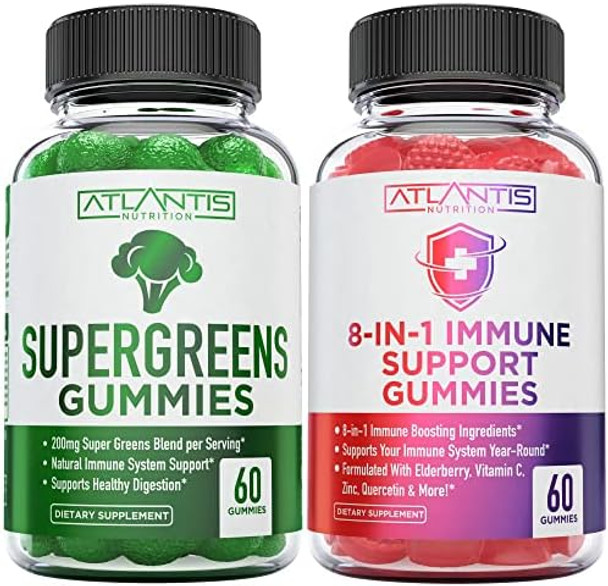 Atlantis Nutrition 60 Supergreens Gummies + 8-In-1 Immune Support 60 Gummies